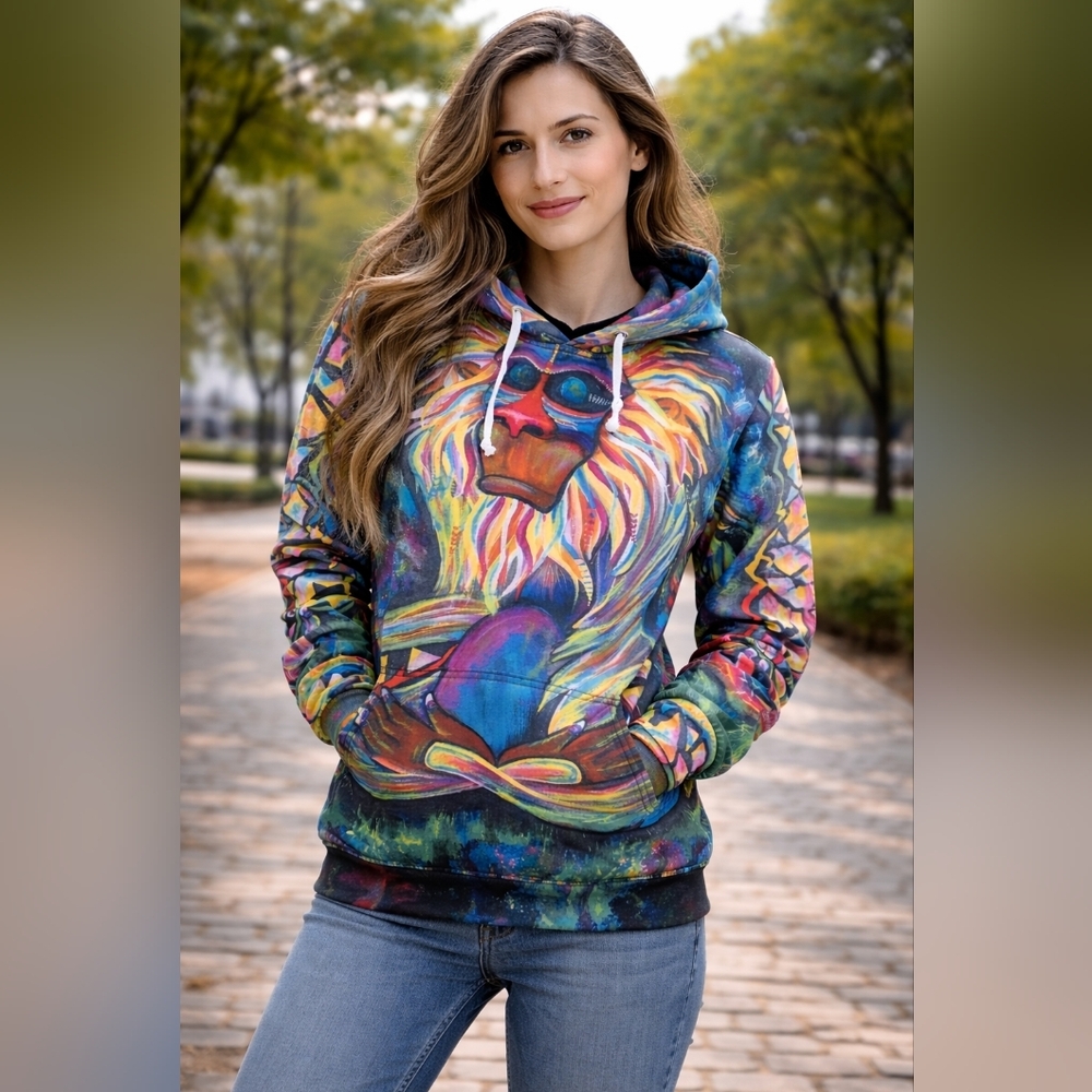NWOT Electro Threadz Meditating Monkey Rafiki Colorful Long Sleeve Hoodie Art